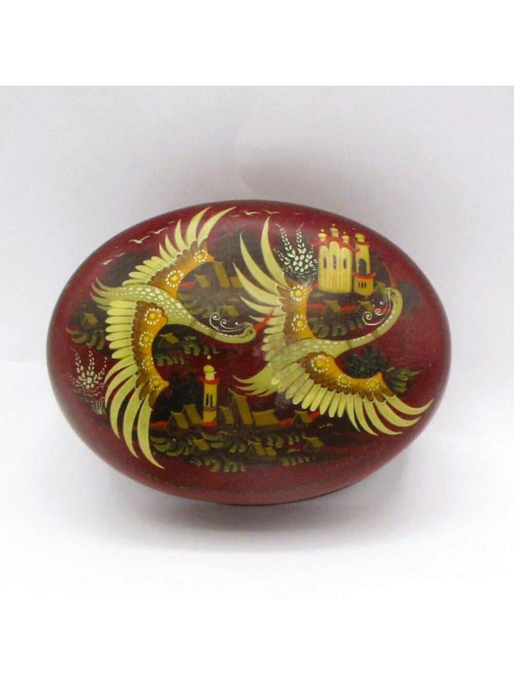 Hand Painted Vtg Trinket Box Firebird Gold Leaf Hinged Oval Russian Fairy Tale A